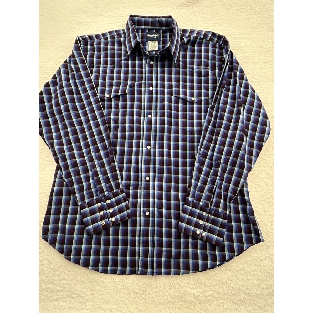 Wrangler Mens Blue Purple Plaid Western Pearl Snap Shirt‎ XL MWR161M Long Sleeve